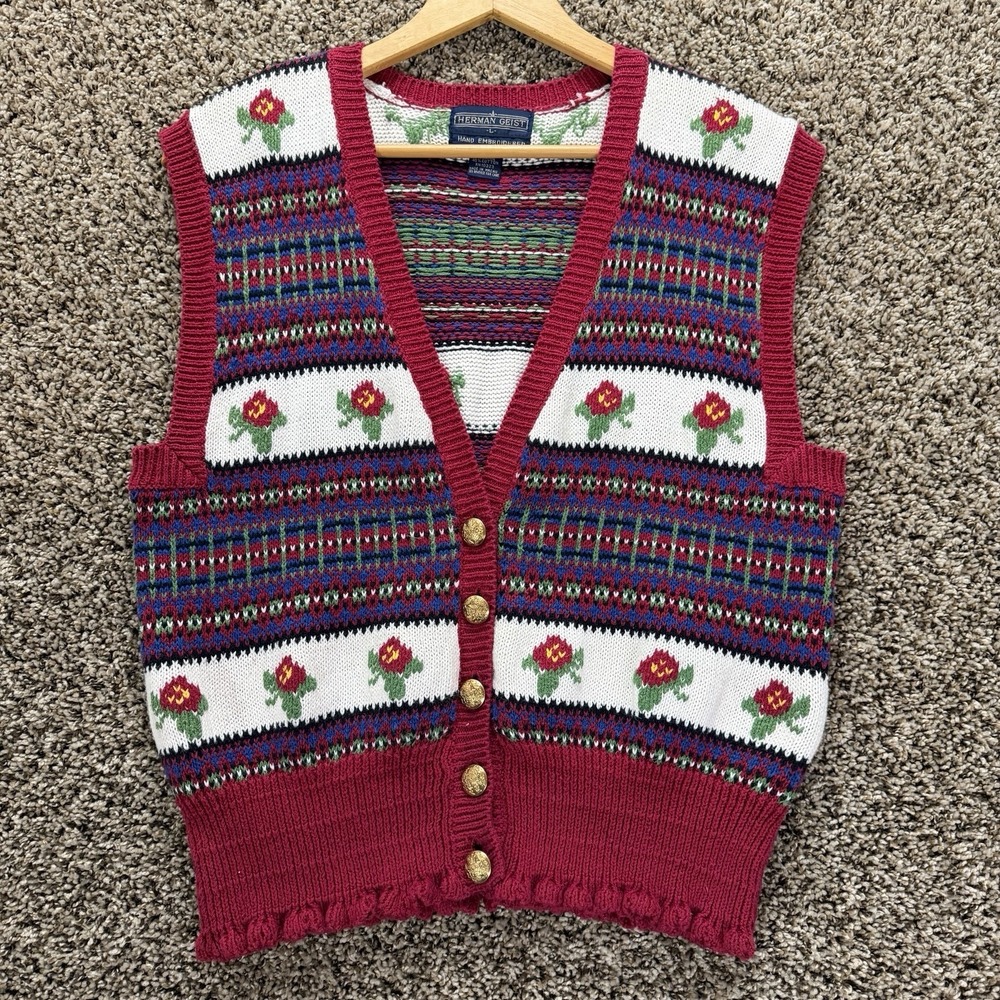 Vintage Herman‎ Geist Floral Fair Isle Knit Sweater Vest Cottagecore 90s Large